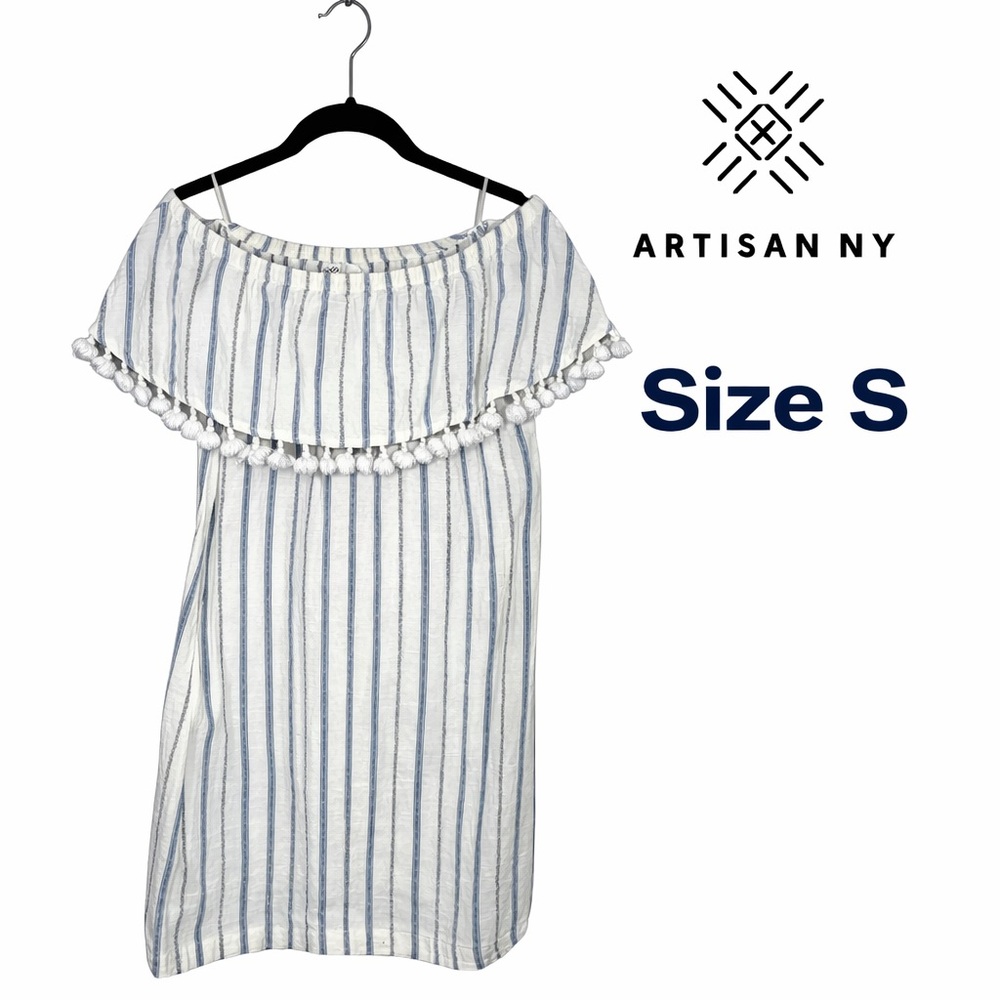 Artisan NY Size S Off Shoulder Blue Stripe Pom Pom Trim Summer Dress EUC